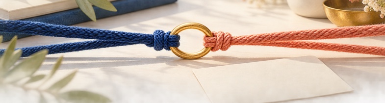 Blauw en koraalkleurig koord trekken aan een gouden ring