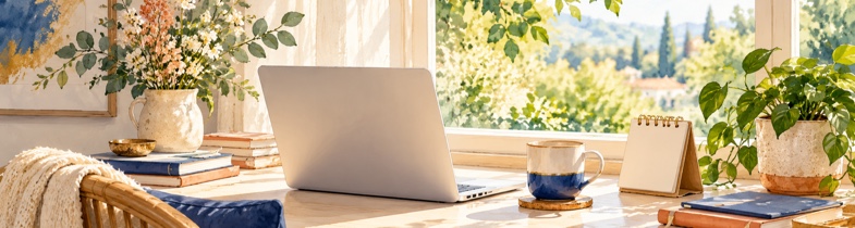 Moderne laptop op een lichte schrijftafel bij het raam
