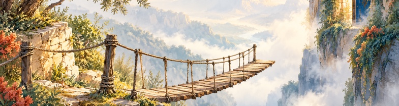 Lege hangbrug eindigt voor een deur boven een mistige kloof